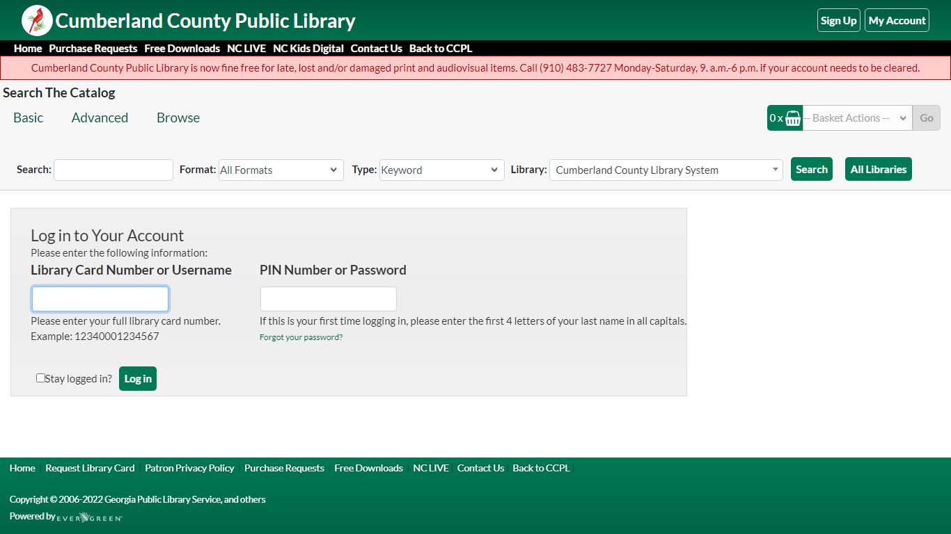 Account Login - Cumberland County Library System - NC Cardinal